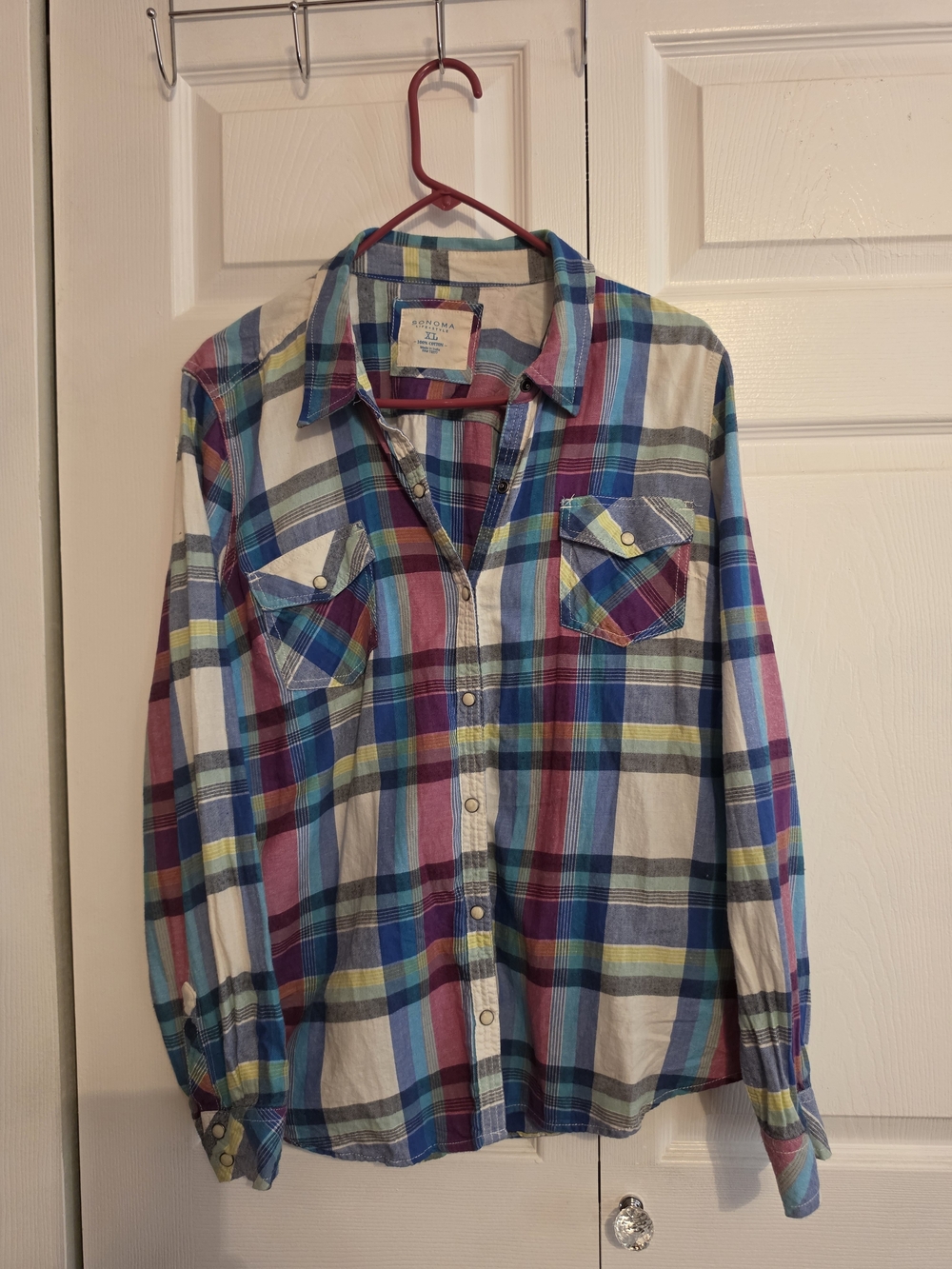 Sonoma Plaid Snap-Down Shirt in Blue, Pink, Yellow, White